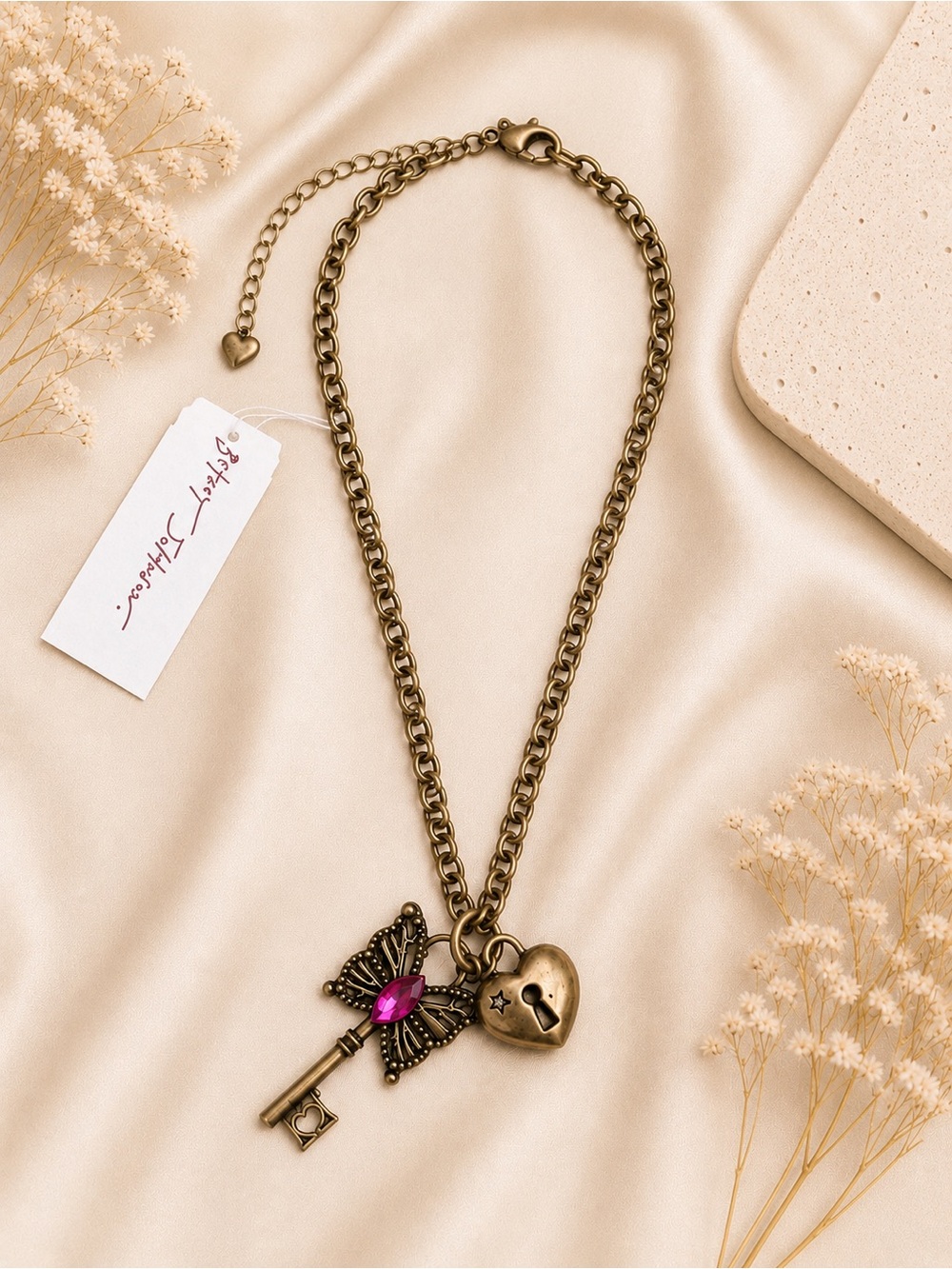 Betsey Johnson Antique Gold Key Butterfly Heart Lock Charm Necklace NWT